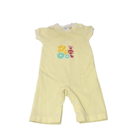 Vintage Carters Baby Boy Yellow Gingham Trains One Piece Jumpsuit 6 Months - Picture 1 of 3